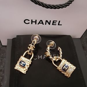 Chanel Metal Calfskin Lock Earrings